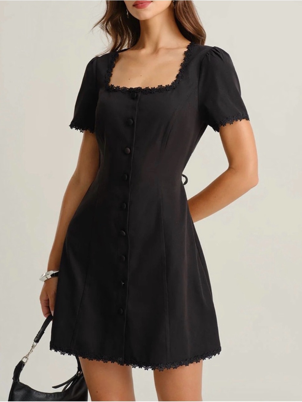 RIHOAS Black Square-Neck Lace-Trim Button Front Mini Dress